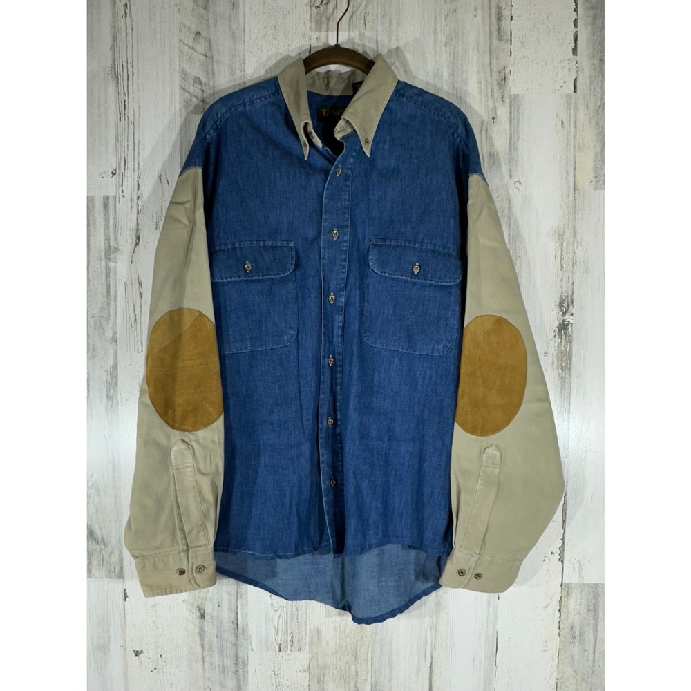 Tango Max Rabb Button Up Shirt Size Large Denim 100% Cotton Elbow Patch READ